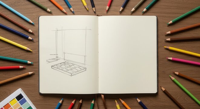 A sketchbook with a pencil drawing is surrounded by colored pencils of various colors displayed on a wooden surface, suggesting artistic creativity and design.