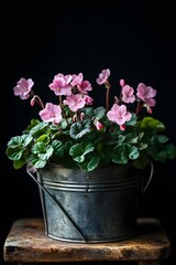 Naklejka premium Small Pink Blooms in Rustic Metal Bucket Green Leaves