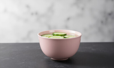 A Portrait in Somber Stillness: A Pastel Pink Bowl of Cucumber Water