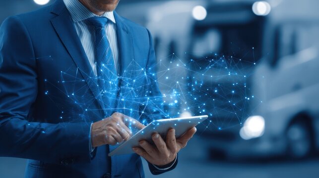 Businessman using a tablet, with a network graphic overlay, standing in a warehouse