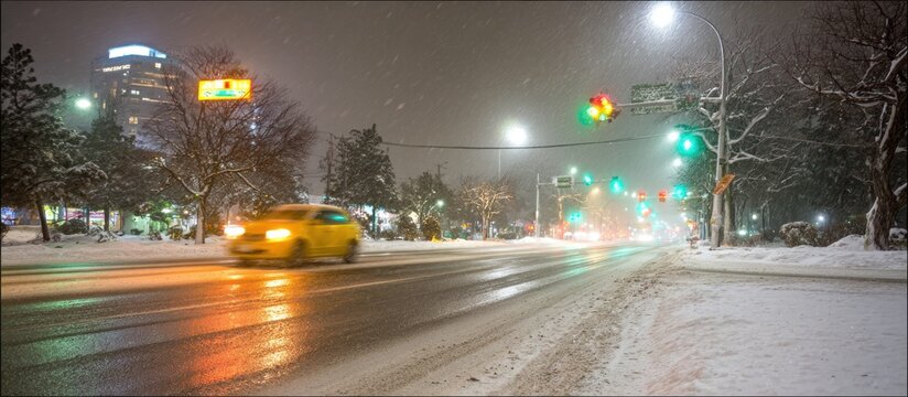 A snowy night scene features a blurred yellow car on a wet road with city lights in the background
