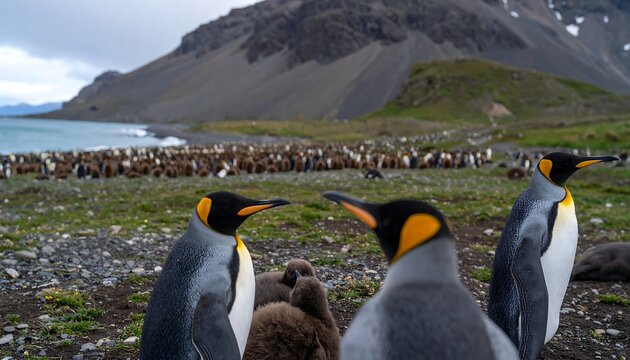 Penguins in a coastal landscape