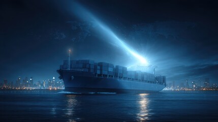 Obraz premium Cargo ship sails at night under a bright beam, with a distant city skyline