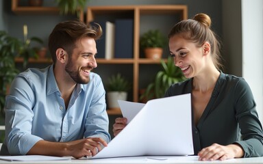 Fototapeta premium Beautiful young designers discussing ideas and smiling while working in office. High quality