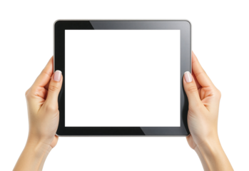 Realistic Female Hands Holding Gaming Tablet Mockup, Transparent Screen, High-Resolution, Perfect Nails, Modern Design