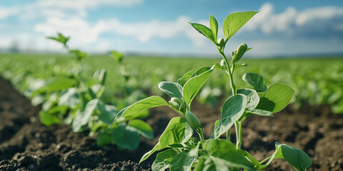 Close up shot of green bean plants growing in field under blue sky, showcasing vibrant leaves and healthy soil