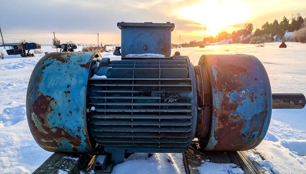 Rusty electric motor outdoors in winter