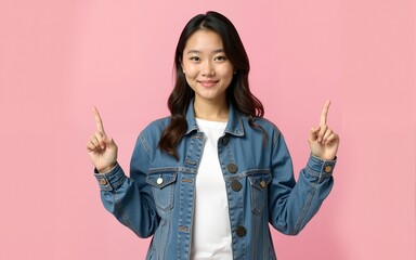 Young beautiful asian girl wearing casual jacket standing over isolated pink background Pointing to both sides with fingers, different direction disagree. High quality