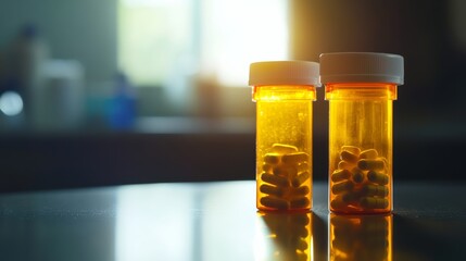 Pharmaceutical bottles on kitchen counter prescription medication domestic setting warm lighting close-up view health and wellness concept