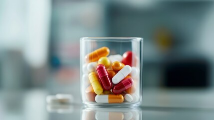 Pharmaceutical action colorful capsules and pills in glass jar laboratory environment close-up view health and wellness concept