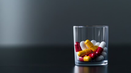 Pills and capsules glass container pharmacy scene indoor setting close-up view health concept