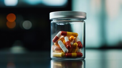 Pharmaceutical capsules in glass jar laboratory setting product photography controlled environment close-up health and wellness focus