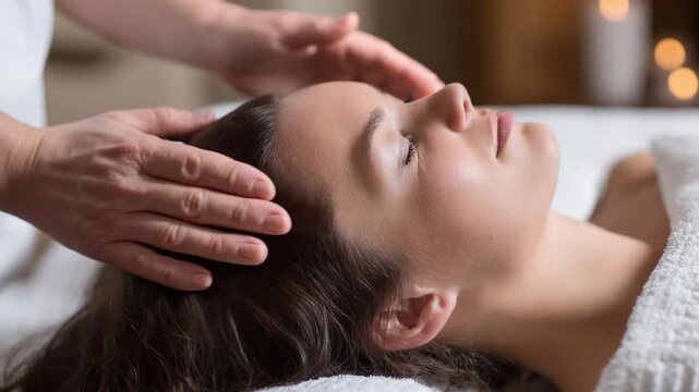 Serene Therapy: A tranquil moment unfolds as a therapist gently provides a head massage, offering respite and relaxation to a recipient. This image captures the essence of peace, healing.