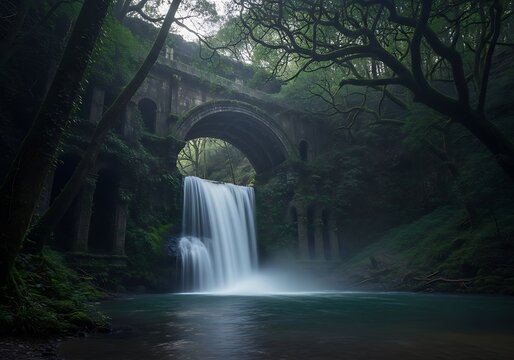 Dark Waterfall Under Ancient Stone Arch. - Powered by Adobe