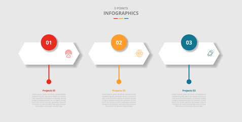 3 points template infographic with long hexagon shape with circle badge on top with drop shadow style with three stage list information