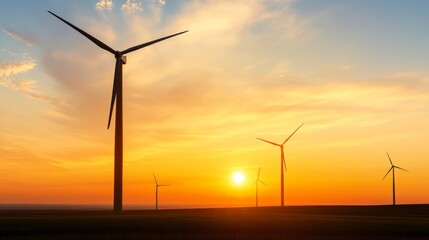 Obraz premium Dramatic sunset over wind turbines renewable energy farm landscape nature aerial view sustainable development