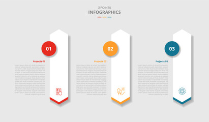 3 points template infographic with vertical long hexagon with circle badge on side with drop shadow style with three stage list information