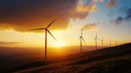 Fototapeta premium Wind turbines generating clean energy at sunset scenic landscape nature photography renewable energy aesthetic viewpoint sustainability concept