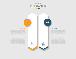 2 points comparison versus for infographic with big arrow block standing vertical with drop shadow with two point list information