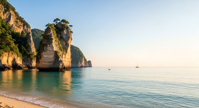 Stunning tropical beach with towering limestone cliffs and clear turquoise water at sunset. - Powered by Adobe