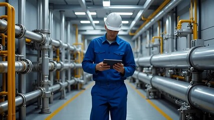 Engineer inspecting facility using tablet, ensuring peak performance in modern industrial setting, promoting safety and efficiency with technology