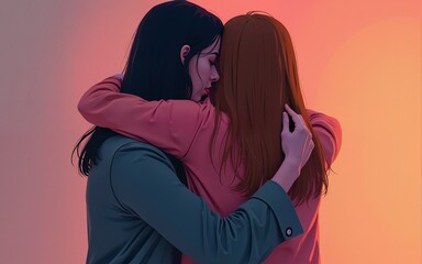two woman hugging, behind view. Generative AI. High quality