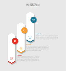 3 points template infographic with tall vertical arrow box standing with growth step with drop shadow style with three stage list information