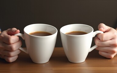 Mock-up two coffee cups clink in a toast. High quality