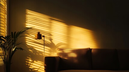 Captivating evening light casting shadows on cozy sofa modern living room photography warm intimate atmosphere close-up view home serenity