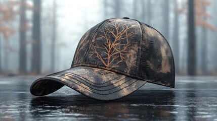 Distressed baseball cap with a tree design, resting on a dark surface, in front of a misty forest backdrop.
