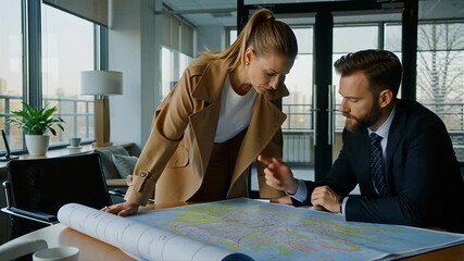  business team strategizing expansion plans reviewing detailed map in bright modern office, discussing logistics and future ventures