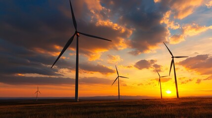 Fototapeta premium Wind turbines turning in golden sunset scenic landscape nature photography serene environment wide angle view renewable energy concept