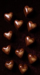 Fototapeta premium Delicious, heart-shaped chocolates with a glossy finish are arranged on a dark, textured surface, creating an eye-catching display of sweet indulgence and culinary delight.
