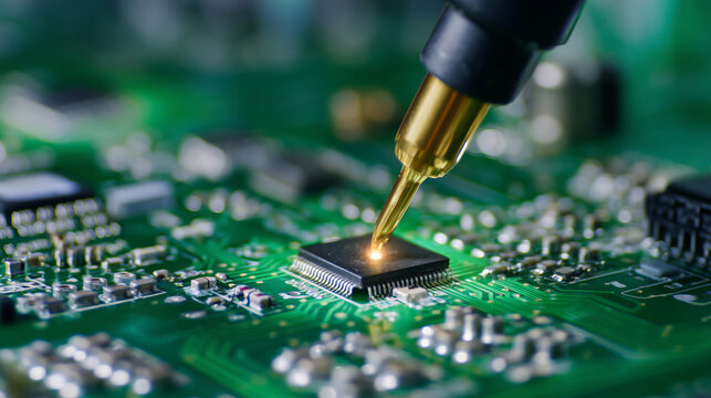 Soldering microchip onto circuit board showcases precision and technology in electronics. intricate details highlight craftsmanship involved