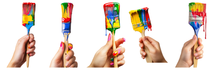 Colorful Paintbrushes in Hands with Dripping Paint and Vibrant Colors, Isolated on Transparent, white background