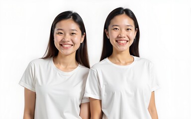 2 attractive brunette sisters or girlfriends on white background copy space. happy young asian women in white t-shirts. High quality