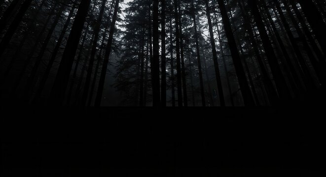 Dense, dark forest landscape captured from a low angle, showcasing towering trees reaching upwards towards the misty sky, creating a dramatic and imposing natural scene under overcast conditions,...
