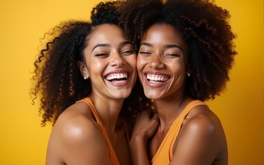 Multiracial two women hugging and laughing at camera. High quality
