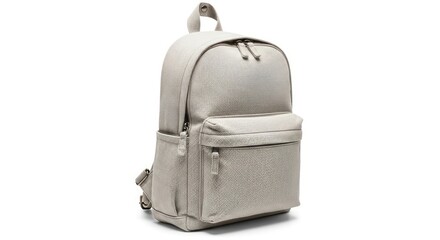 A light gray backpack with a woven texture featuring multiple zippered compartments and a top loop handle presented against a white background