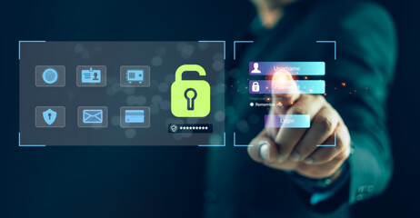 User authentication system with username and password, concept of cybersecurity, data protection, secure technology, password safety, information privacy, online network security in business.