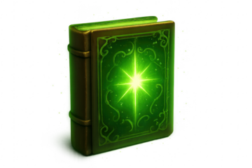 Ancient spellbook glowing with green mystical light
