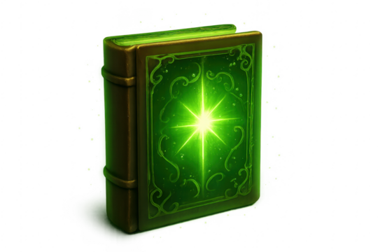 Ancient spellbook glowing with green mystical light