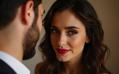 Confident sexy woman with red lips seducing young rich man. High quality