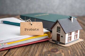 Paper tag labeled 'PROBATE' resting on legal documents atop wooden table, symbolizing inheritance, estate, and property law