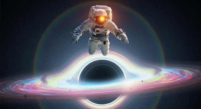 Futuristic astronaut explorer confronts the immense gravitational pull of a supermassive black hole in a distant galaxy