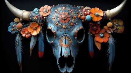 Decorated bull skull with colorful flowers, beads, and feathers.