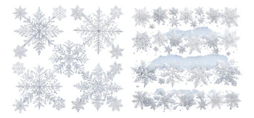 Detailed Collection of Various Snowflakes and Snowy Borders, Isolated on Transparent, white background