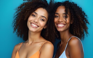 Close up portrait of two interracial attractive women situating against blue background. High quality