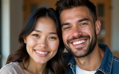 Young beautiful smiling asian woman and stylish handsome smiling man. High quality