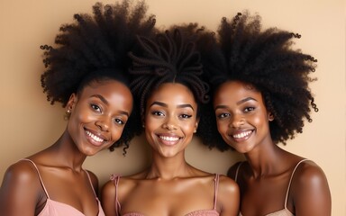 Multi ethnic beauty fashion hair, face and head skin care. Group of girls lies on beige background. High quality